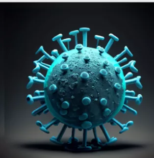 Blåfärgat corona virus som är AI genererat via adobe express. Bild.